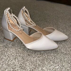 Pearl-Embellished Ivory Block Heel Pumps